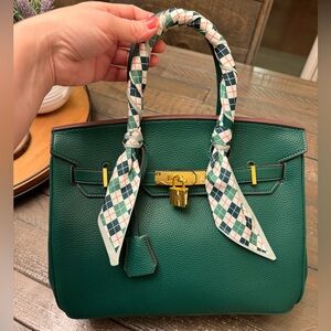 Green Elegant Top-Handle Leather Satchel with Gold Hardware, New